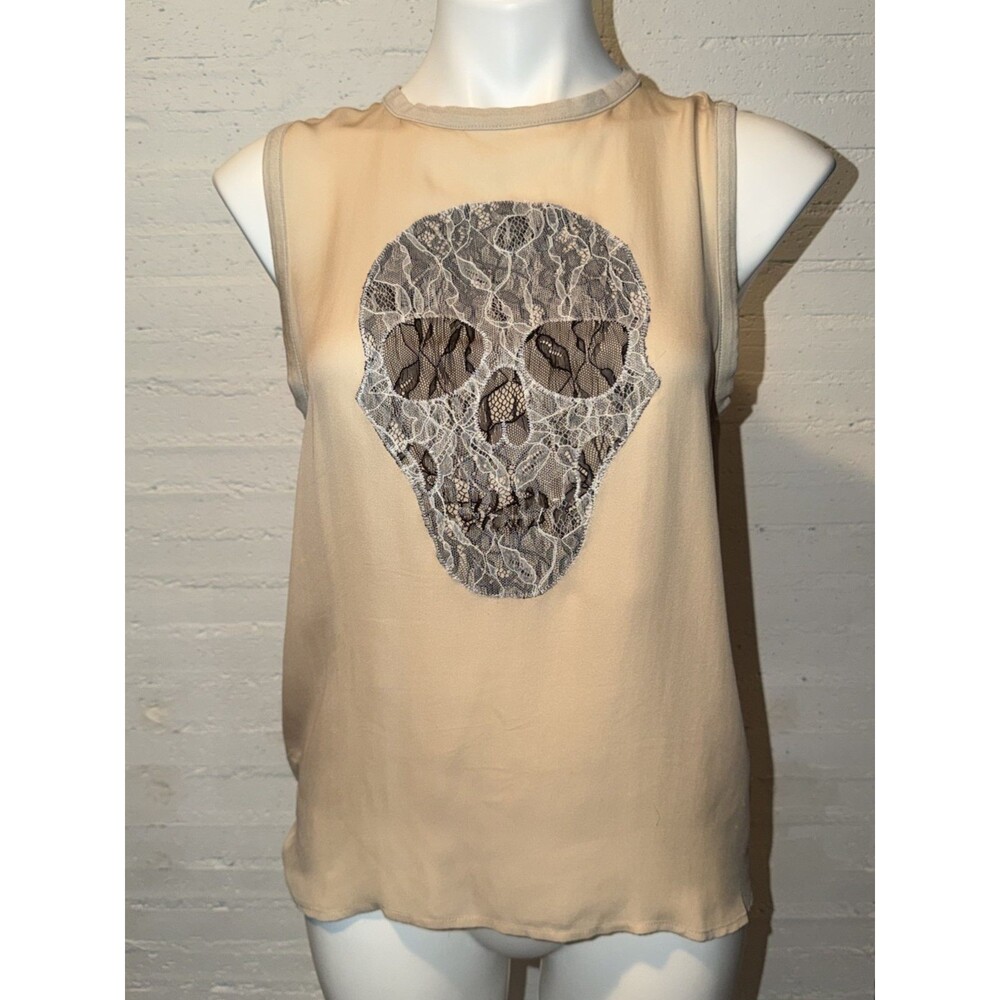 Luxe Grunge Gothic Y2K Edgy Haute Hippie 100% Silk Top Lace Skull Graphic S - Picture 2 of 7